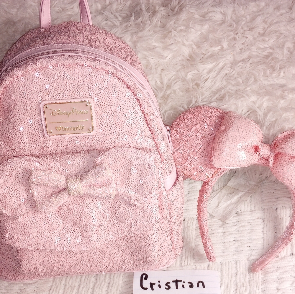 Loungefly Disney Millennial Light Pink Sequin Mini Backpack and Headband Ears